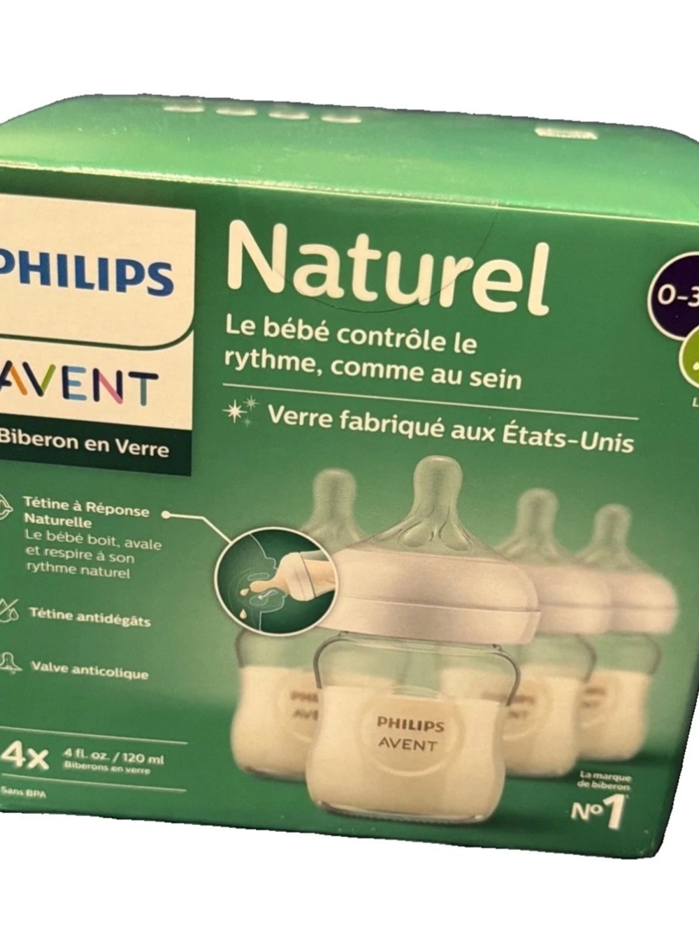 Philips Avent Natural Response 0-3 Months 4 Glass Baby Bottles 4 oz
